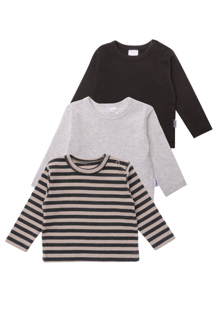 3er Pack Langarmshirts. 1x in grau-beige gestreift, 1x anthrazit, 1x grau melange.
