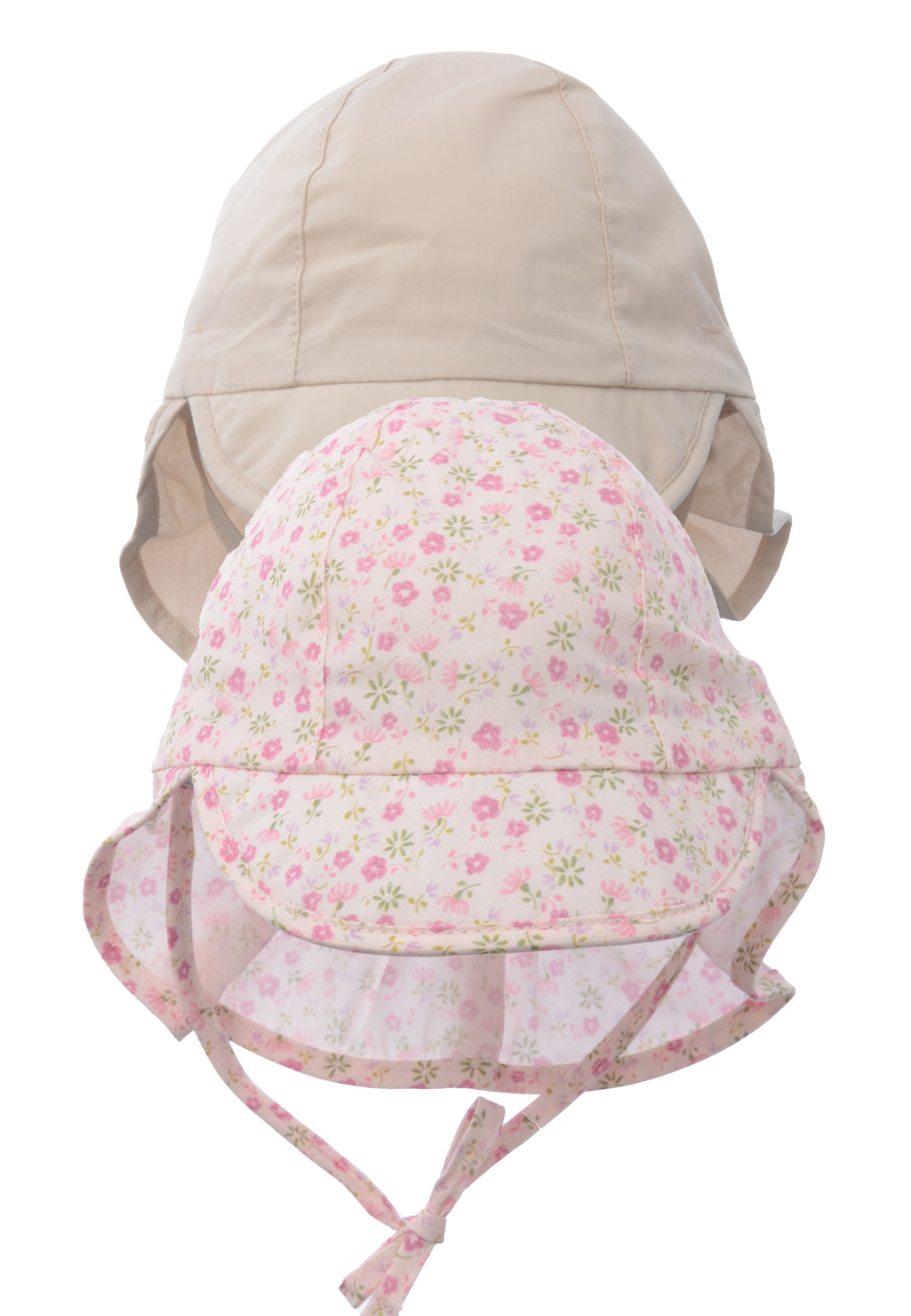 Doppelpack Schirmmützen mit Nackenschutz und Bindeband in beige und einmal in rosa mit Blümchenprint.