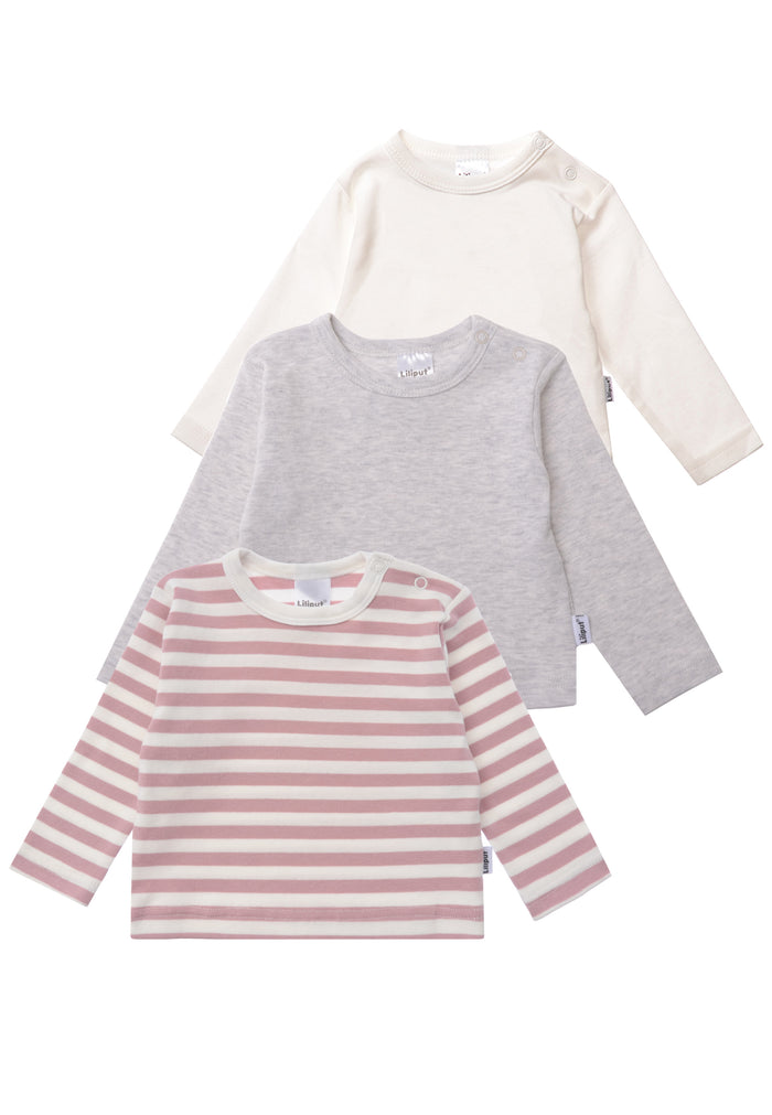 Dreierpack Langarmshirts in unterschiedlichen Dessins. 1x mit rosè Streifen, 1x in grau melange und 1x in uni ecru.