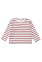 Langarmshirt in ecru-rosé geringelt. Alle Shirts sind mit zwei Druckknöpfen auf der Schulter für einfacheres An- und Ausziehen versehen