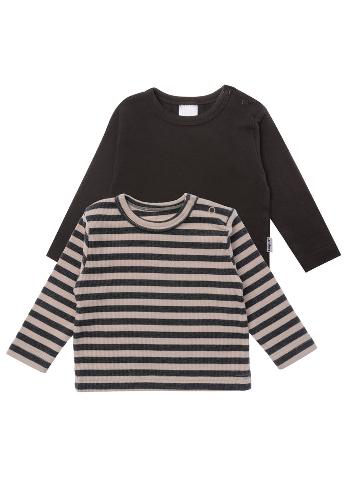 Doppelpack Langarmshirts in grau-beige gestreift und anthrazit.