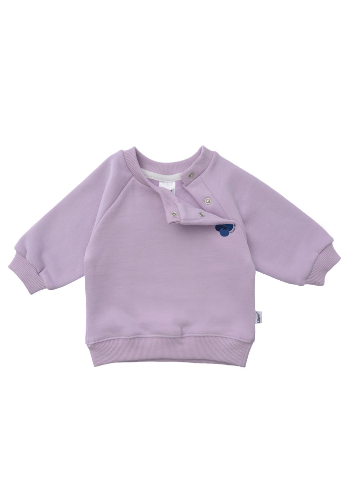 vorderseite vom sweatshirt mit dem druck von blaubeeren mit offenen drucknöpfen