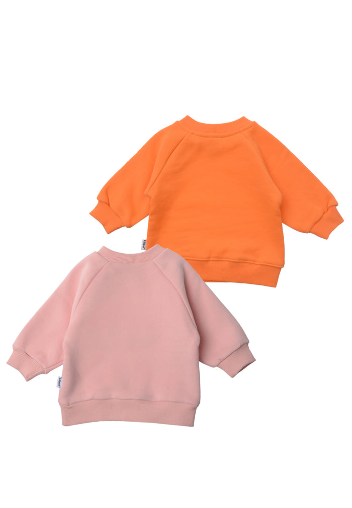 rückseite von den 2 Sweatshirts in rosa und orange