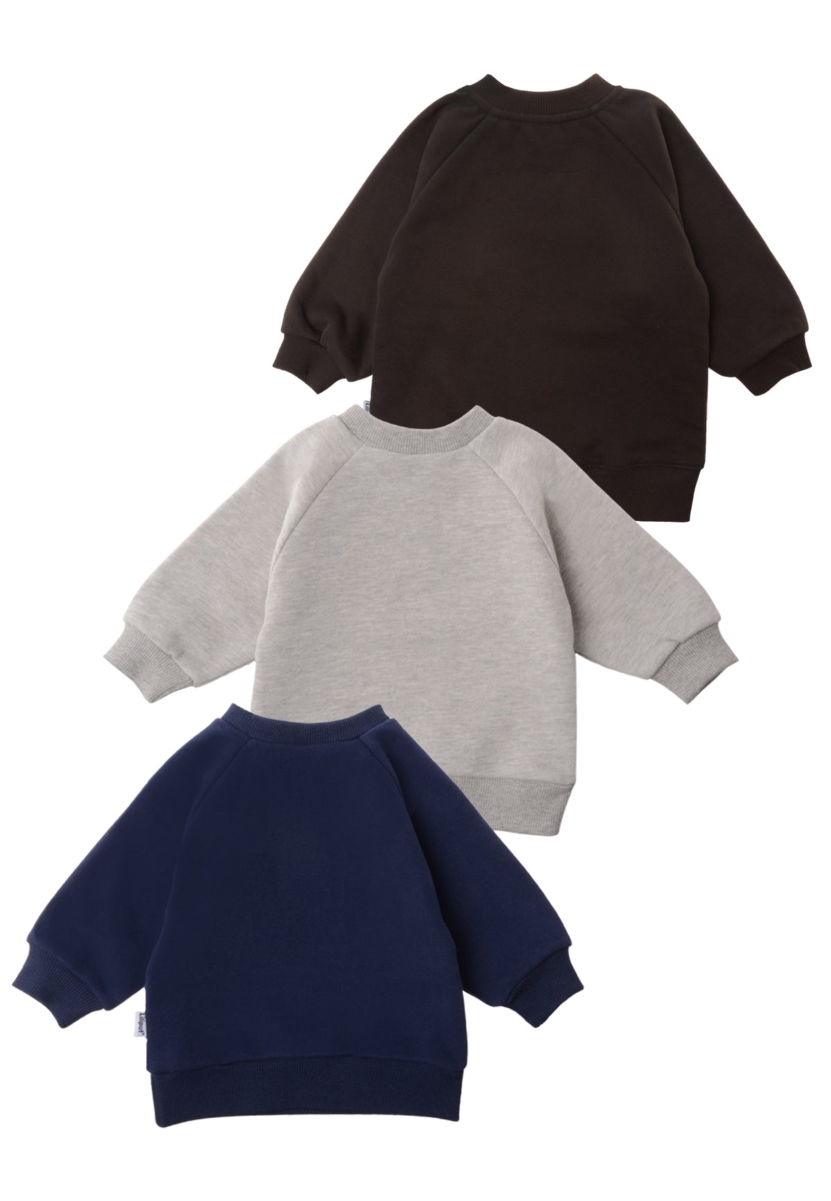 rückseite von den 3 Sweatshirts in braun, graumelange und marineblau