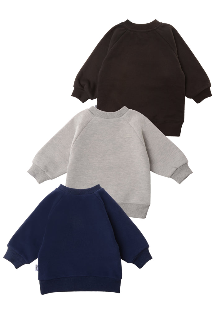 rückseite von den 3 Sweatshirts in braun, graumelange und marineblau