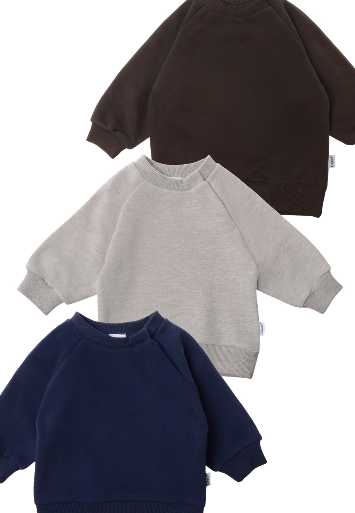 nähere aufnahme von den 3 Sweatshirts in braun, graumelange und marineblau