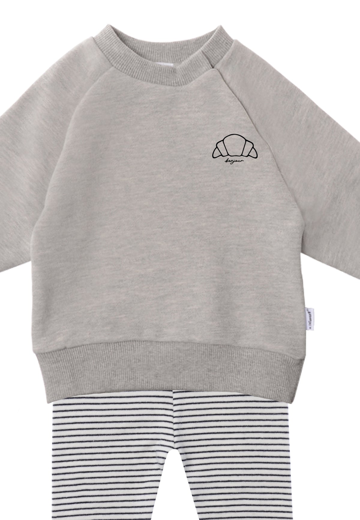 Im Detail 2tlg. Set mit Sweatshirt graumelange und "Croissant" als Druck und Leggings schwarz gestreift in der Farbe ecru