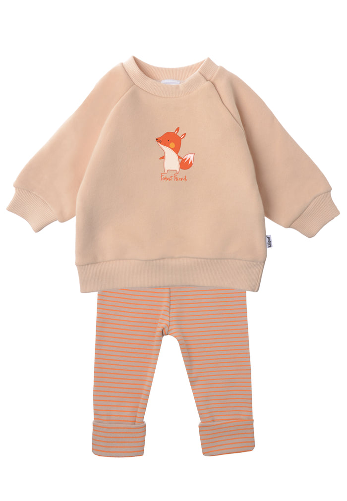 2tlg. Set mit Sweatshirt in beige "Fuchs" und beige/orange gestreifte Leggings