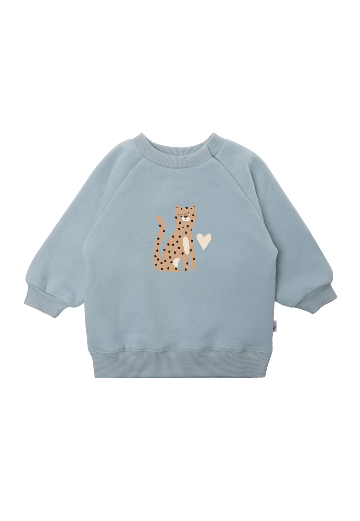 Sweatshirt in hellblau mit niedlichem Leoparden Aufdruck auf der Vorderseite.