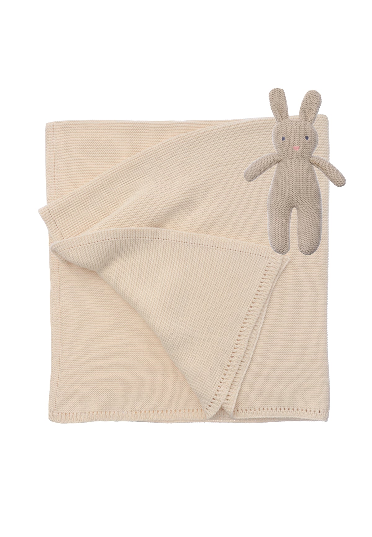 Geschenkset mit Baby Strickdecke und Kuschelhase Lou, mit integrierter Rassel.