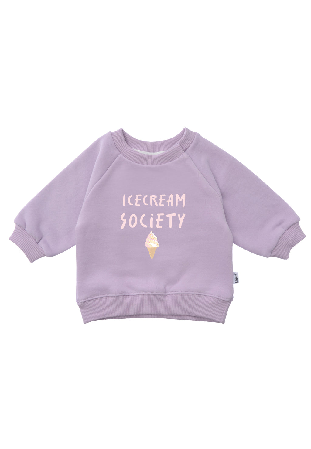 Sweatshirt in flieder mit Raglanämrlen und Ribbündchenund dem Spruch "icecream society".