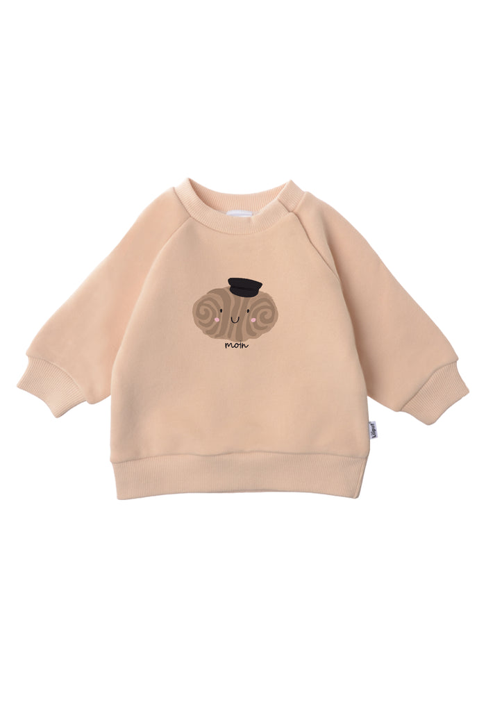 Sweatshirt in beige mit niedlichem Franzbrötchen Aufdruck.
