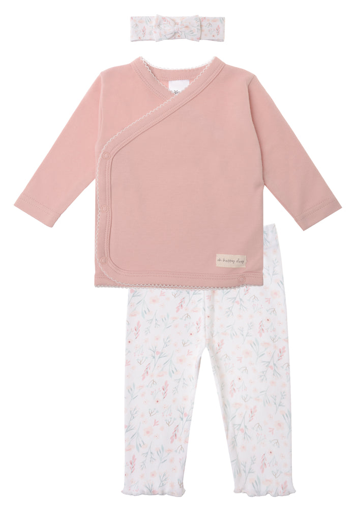 3 teiliges Babyset für Mädchen mit Wickeljacke, Stirnband und niedlicher Hose.