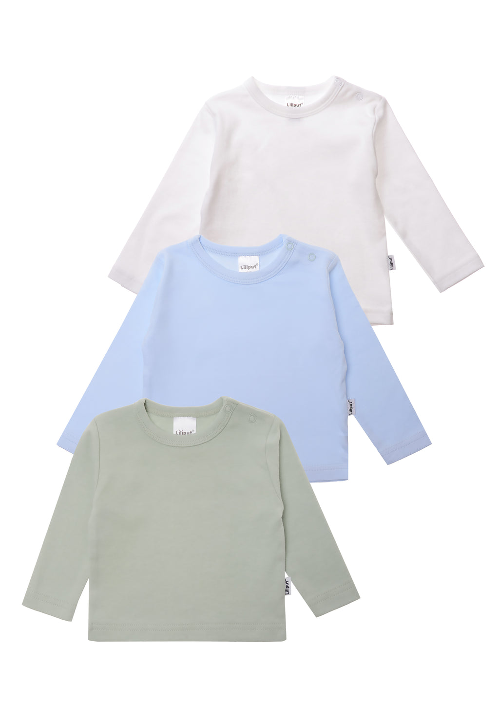 3er Pack Langarmshirts aus Baumwolle in schilf, weiß und hellblau.
