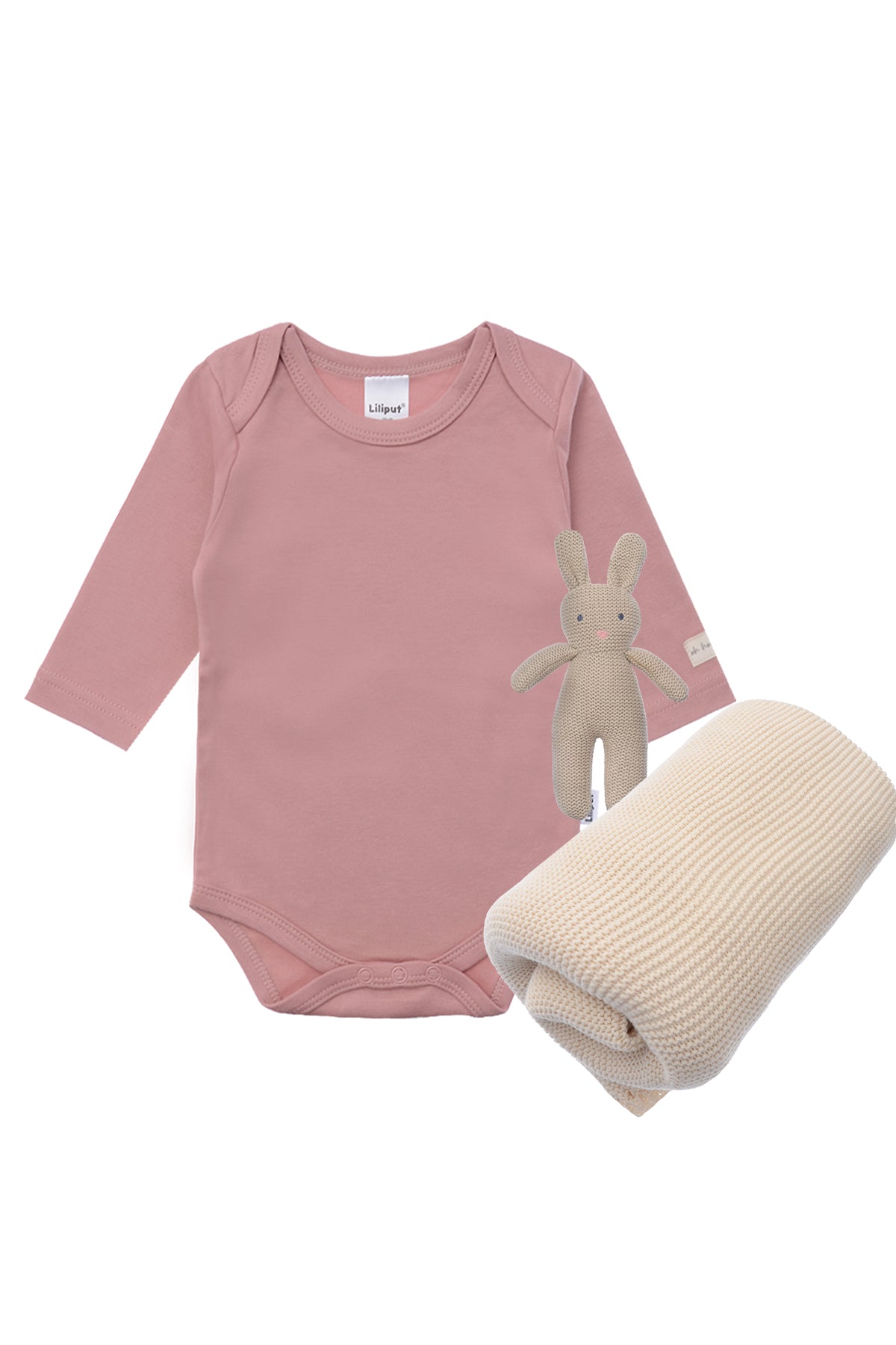 3 teiliges Geschenkset mit Amineckbody in rosenholz, Strickdecke in beige und kleinem Stofftierhasen mit integrierter Rassel.