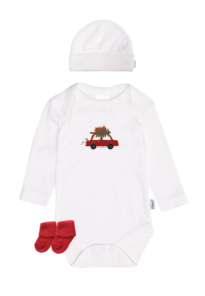 3-teiliges Weihnachtsset bestehend aus weißer Baumwoll Mütze, Langarmbody mit Weihnachtsaufdruck und passenden roten Söckchen.