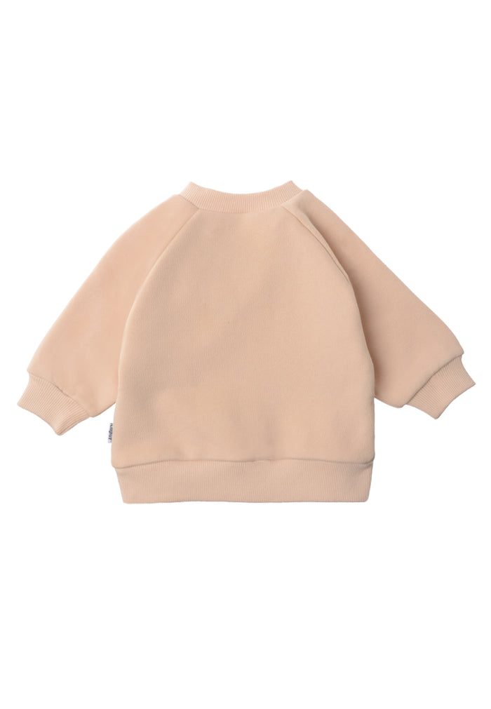 Rückseite des Sweatshirts in beige mit Raglan Ärmeln.