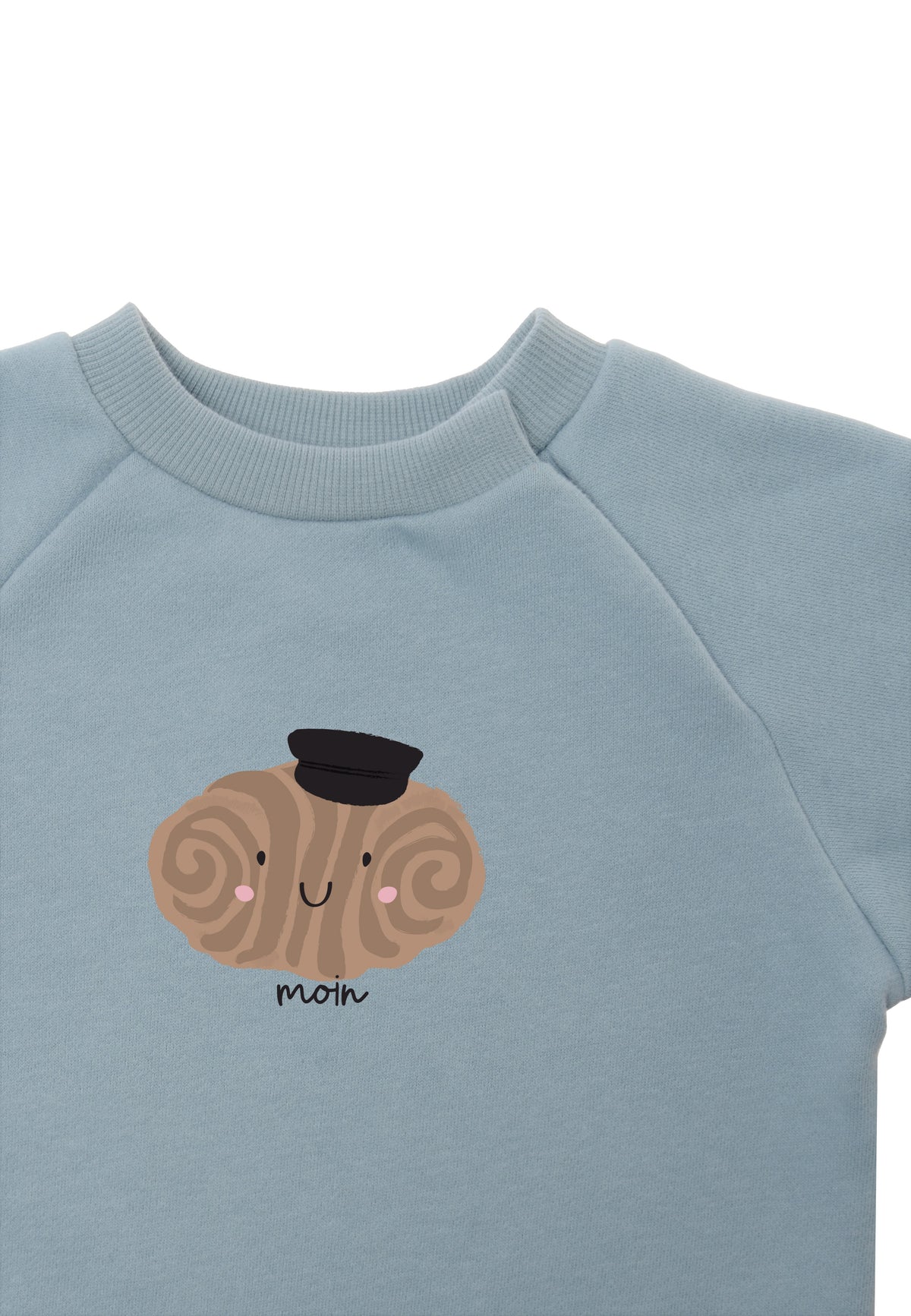 Detailansicht des Sweatshirts mit niedlichem Franzbrötchen Print.
