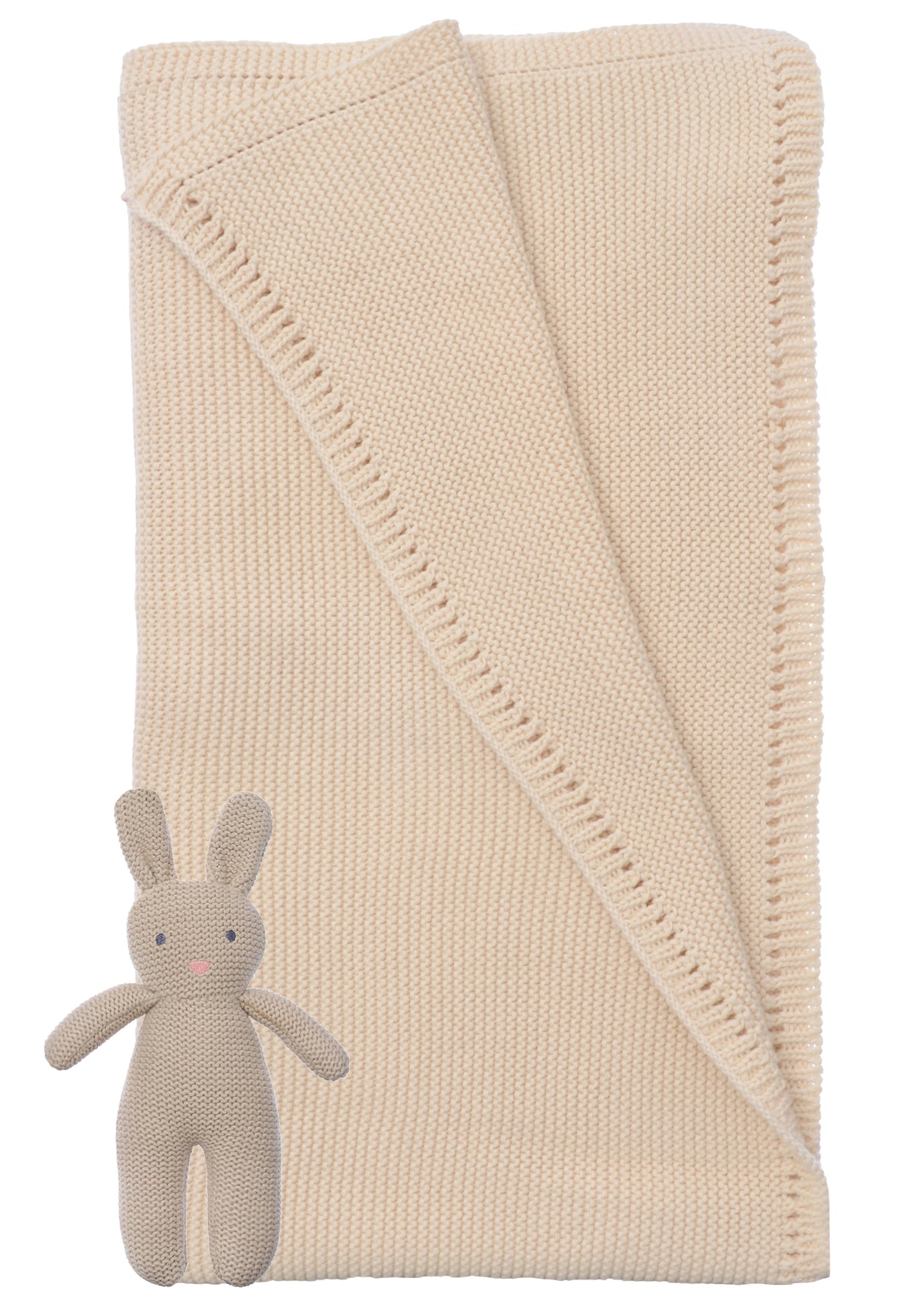 Die Strickdecke in beige, sowie der Strickhase in sanftem grau sind ein wundervolles Geschenk zur Geburt.