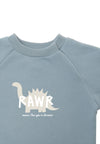 Detailansicht des Sweatshirts in hellblau mit Dino Print und Wording "RAWR means i love you in dinosaur."