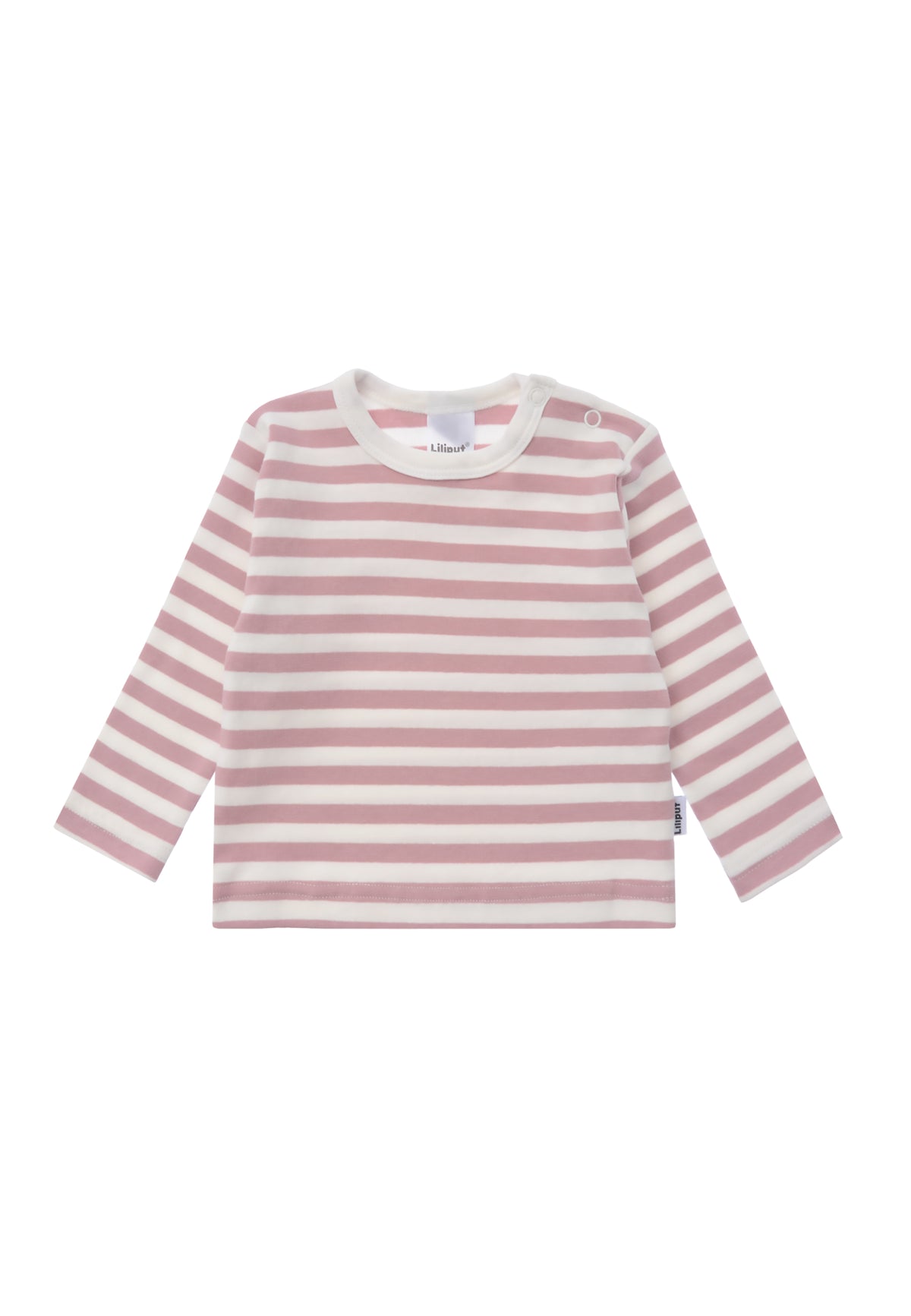 Langarmshirt in ecru-rose geringelt.