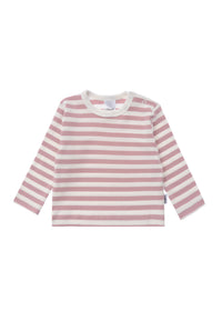 Langarmshirt in ecru-rose geringelt.