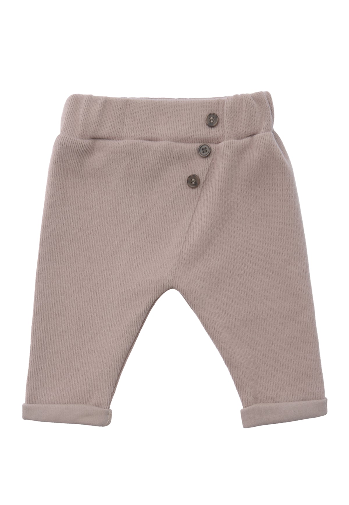 Zweiteiliges Set bestehend aus Langarmshirt in ecru mit zwei Druckknöpfen auf der Schulter für leichtes An.- und Ausziehen und Ribstrick Hose in braun mit schräger Naht und drei aufgesetzten Knöpfen. Mit umgeschlagenem Saum an den Füßen.