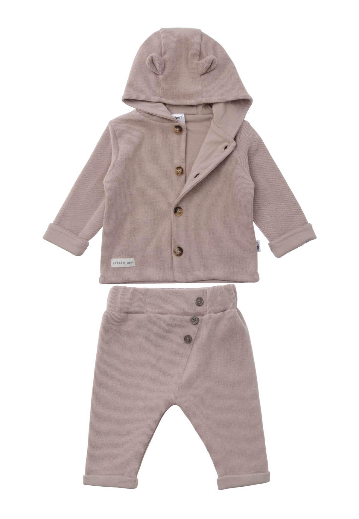 Hose mit Kapuze und Bärchenohren und Hose aus >Ribstrick in braun