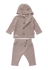 Hose mit Kapuze und Bärchenohren und Hose aus >Ribstrick in braun