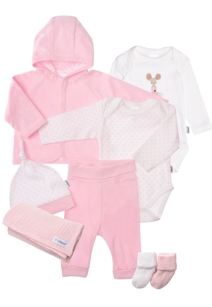 Großes Erstausstattungsset für Babymädchen.