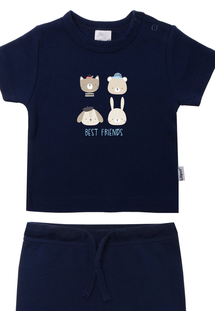 Set Shorts mit Bindeband in marine und T-Shirt in marine mit Druckknöpfen auf der Schulter für leichtes An- und Ausziehen und niedlichem Print bestehend aus Hase, Bär, Hund und Katze und dem Schriftzug Best Friend