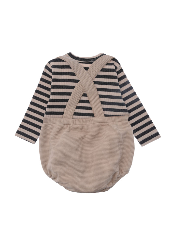 Rückansicht der niedlichen Outfitkombi aus Latzhose (Waffel Piquè) und passendem Ringelshirt