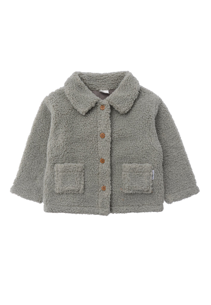 Bouclèfleece Jacke in zartem grün. Mit aufgesetzten Taschen, Knöpfen und einem coolen Kragen.