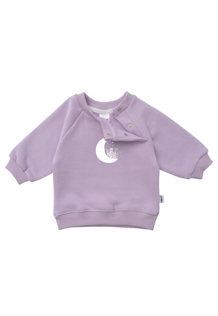 Frontansicht des Sweatshirts in flieder mit Raglan Ärmeln.