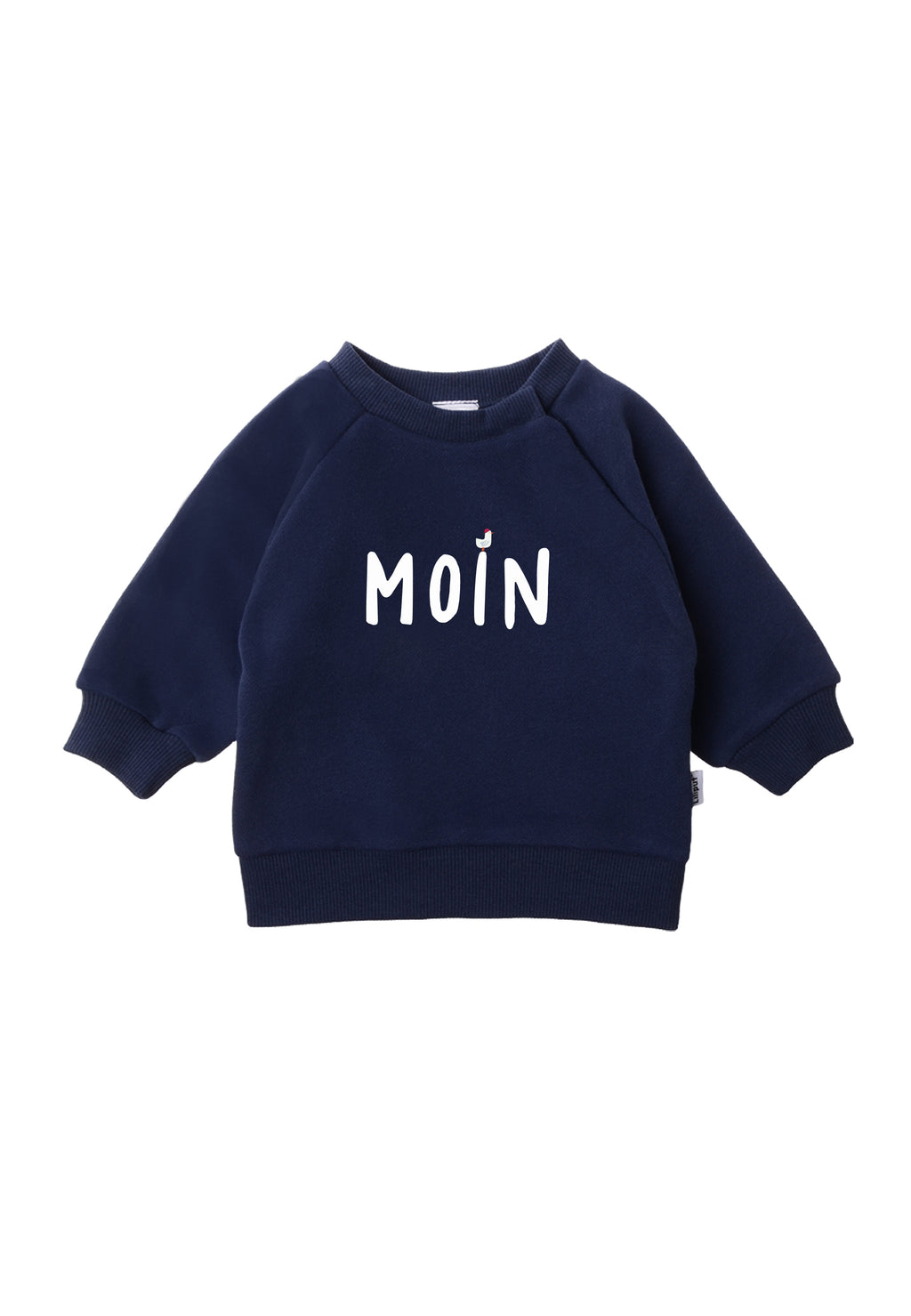 Sweatshirt in dunkelblau mit Wording Moin und einer kleinen Möwe, die auf dem Buchstaben I sitzt.