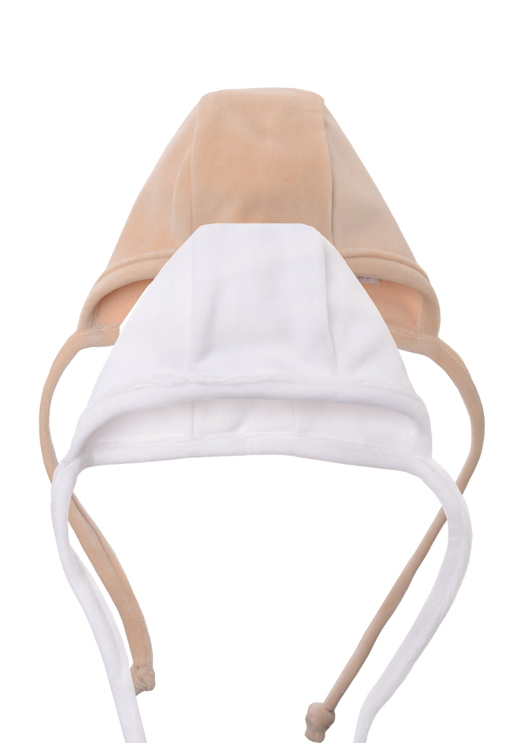 Doppelpack Babymützen in beige und weiß aus weichem Velour Material.
