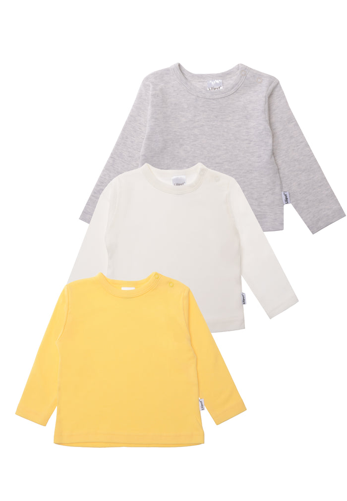 3er Pack Langarmshirts in grau, ecru und gelb.