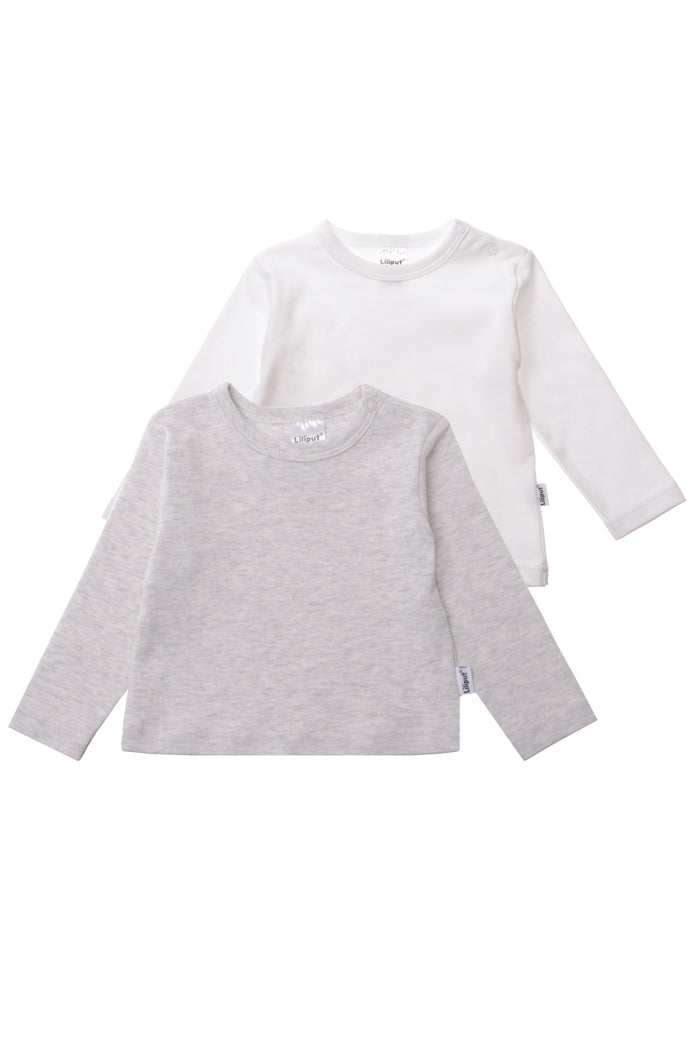 Doppelpack Langarmshirts in weiß und grau melange mit praktischen Druckknöpfen auf der Schulter, für ein einfaches An- und Ausziehen.