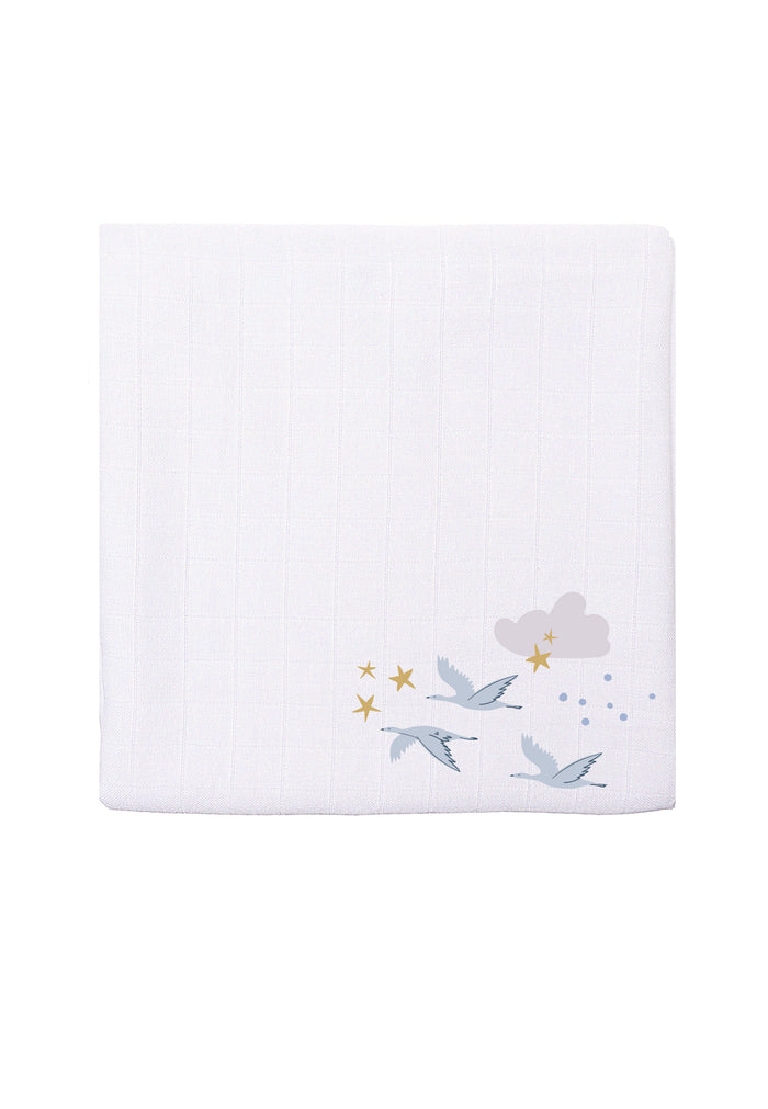 Musselintuch in 120x120cm, weiß mit dezentem Gänse Print.