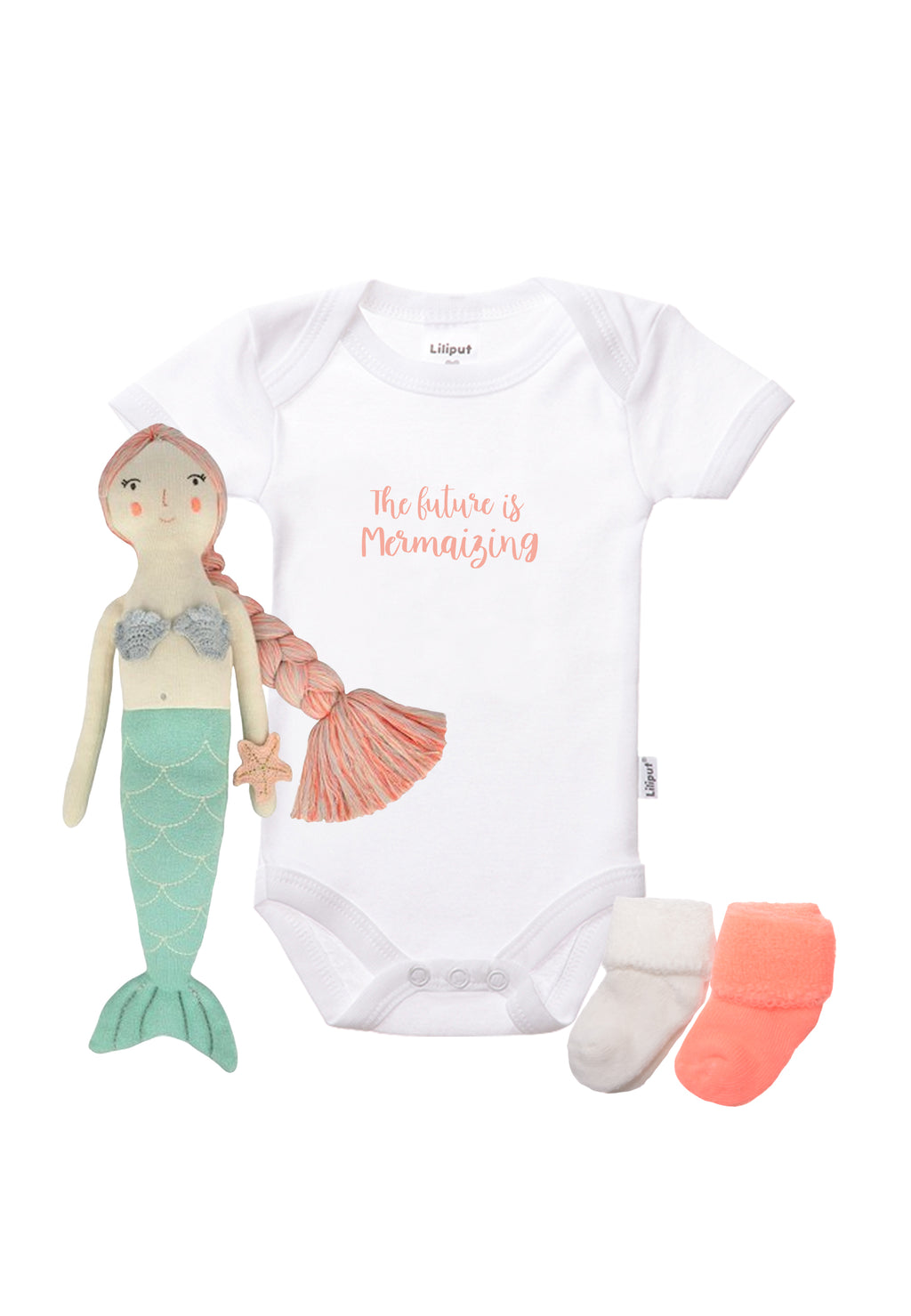 Babyset mit Amineckbody und Kuscheltier Meerjungfrau und passenden Socken in weiß und orange.
