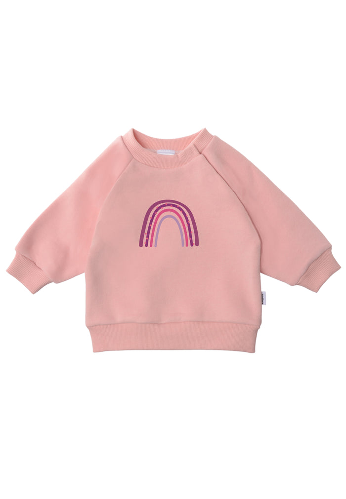 rosa Sweatshirt mit buntem Regenbogen Print.