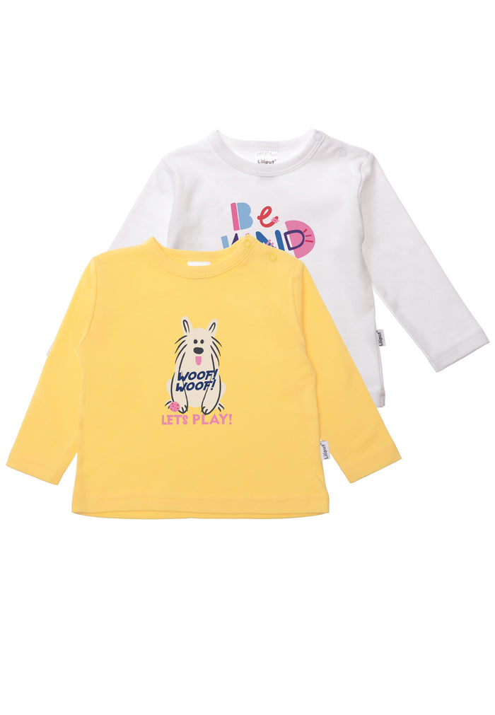 Doppelpack Langarmshirts in gelb und weiß mit buntem Print.