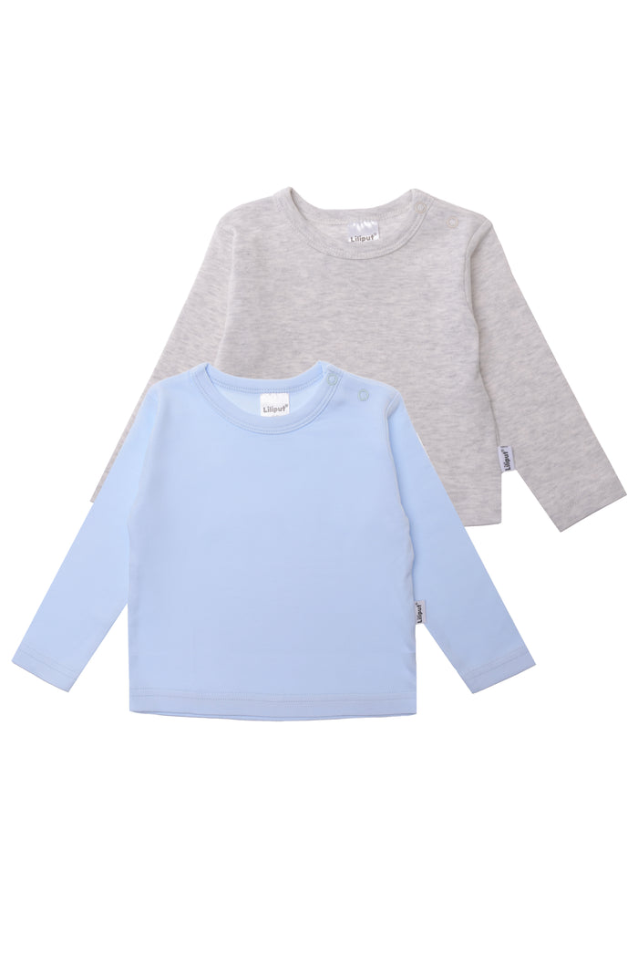 Doppelpack Langarmshirts in grau melange und hellblau mit praktischen Druckknöpfen auf der Schulter für ein einfaches An- und Ausziehen.