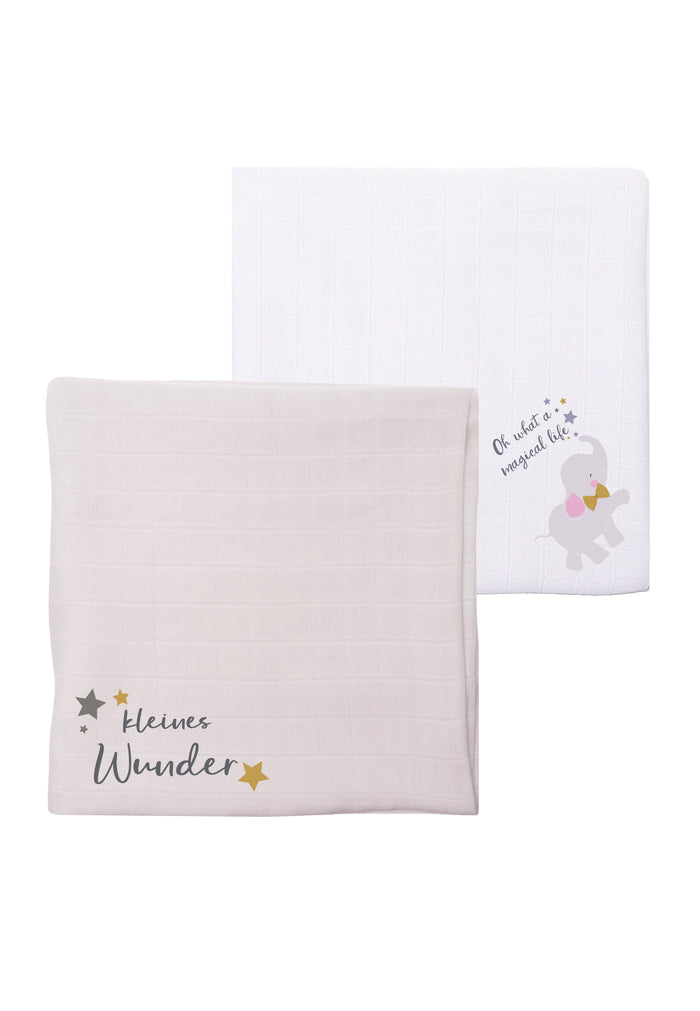 Doppelpack Premium Musselintücher in grau und weiß mit Print "kleines Wunder" und einem niedlichen Elefanten.