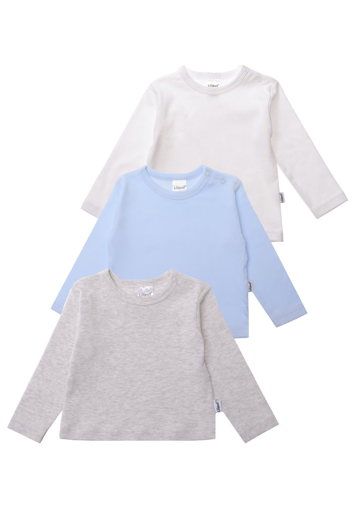 3er Pack Langarmshirts in grau melange, weiß und hellblau.