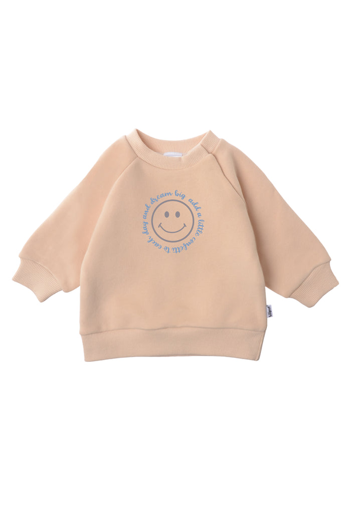 Sweatshirt in beige mit Smiley Print in hellgrau/blau.