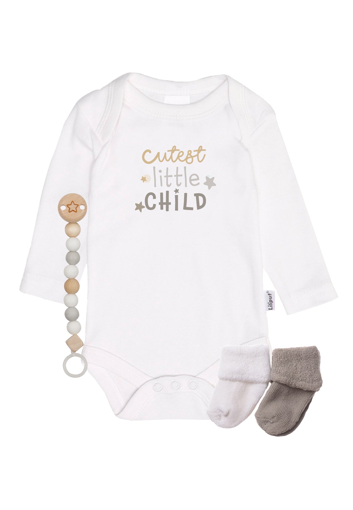 Langarm Amineckbody cutest little child mit passender Schnullerkette in weiß und grau und passenden Socken.