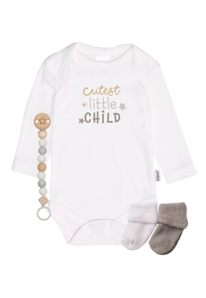 Langarm Amineckbody cutest little child mit passender Schnullerkette in weiß und grau und passenden Socken.