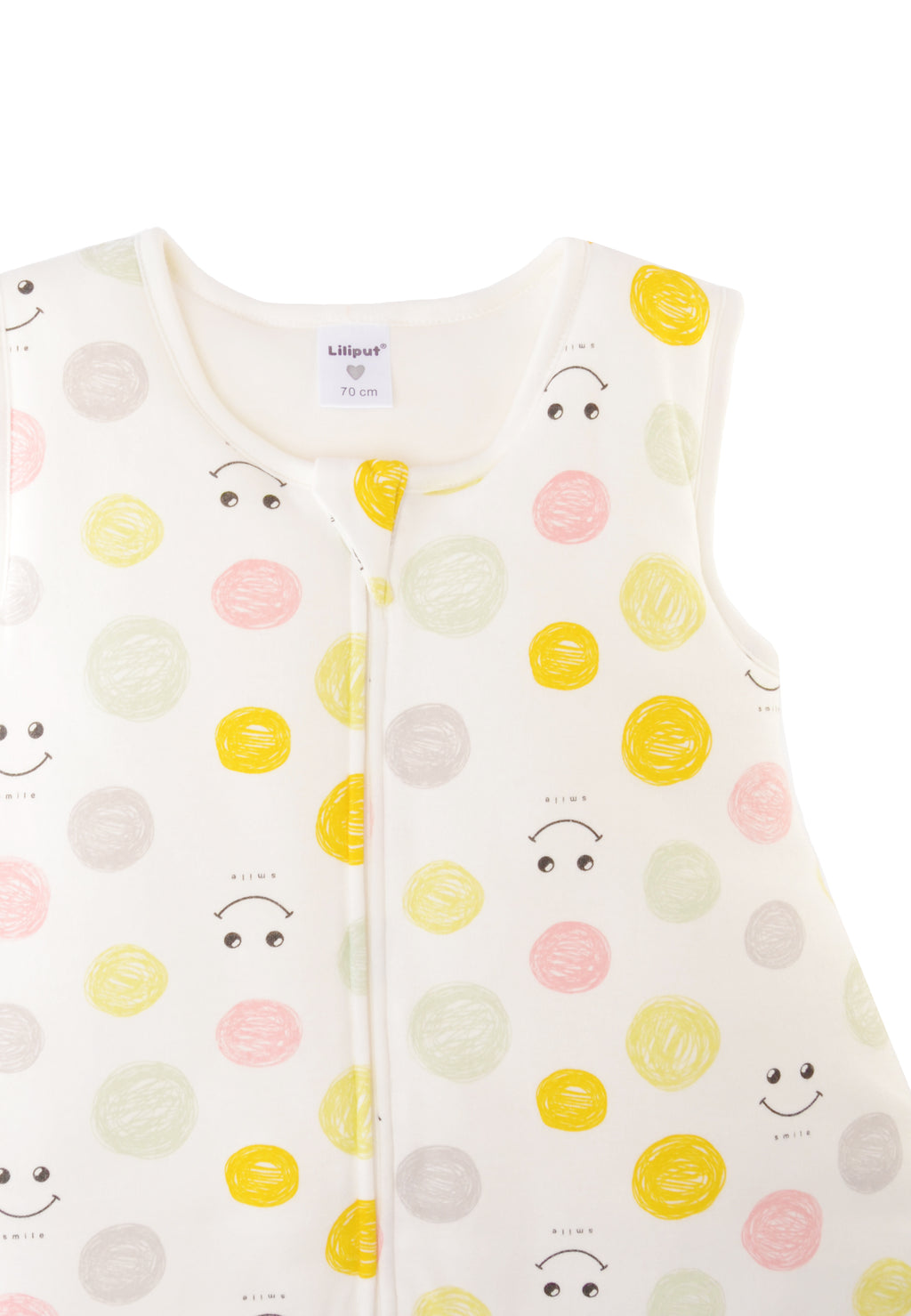 Schlafsack für Babys in unterschiedlichen Längen mit Knöpfen und Reißverschluss an der Seite. Design:  Allover Smiley