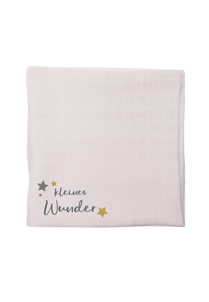 graues Musselintuch in 80x80cm und Print "kleines Wunder".
